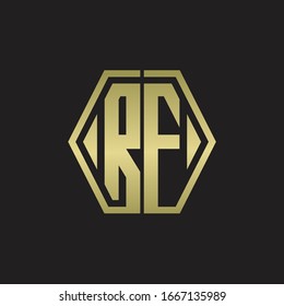 RF Logo monogram with hexagon line rounded design template with gold colors