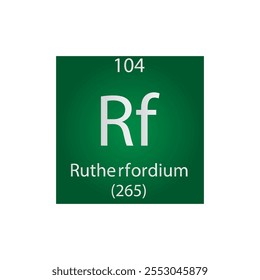 Rf Rutherfordium Metal de transición Elemento químico Tabla periódica. Ilustración vectorial cuadrada plana simple, icono de estilo limpio simple con masa molar y número atómico