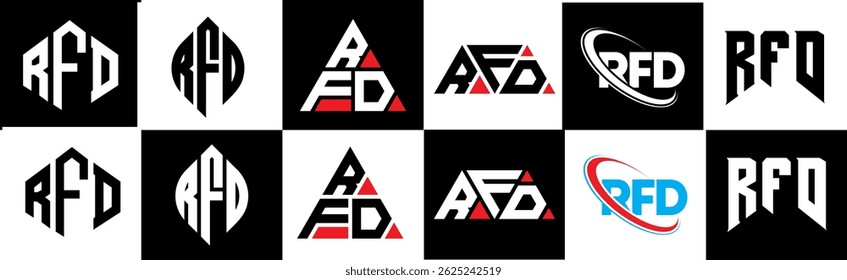 RFD letter logo design in six style. RFD polygon, circle, triangle, hexagon, flat and simple style with black and white color variation letter logo set in one artboard. RFD minimalist and classic logo