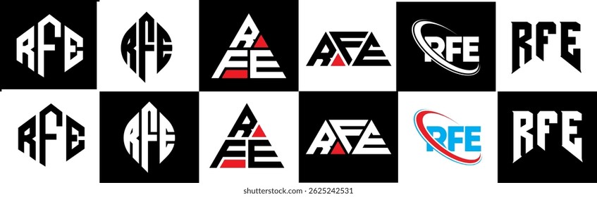 RFE letter logo design in six style. RFE polygon, circle, triangle, hexagon, flat and simple style with black and white color variation letter logo set in one artboard. RFE minimalist and classic logo