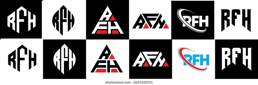RFH letter logo design in six style. RFH polygon, circle, triangle, hexagon, flat and simple style with black and white color variation letter logo set in one artboard. RFH minimalist and classic logo