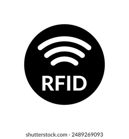 RFID black round solid icon. Wireless security circle symbol. Radio frequency identification sign. Tracking pictogram.