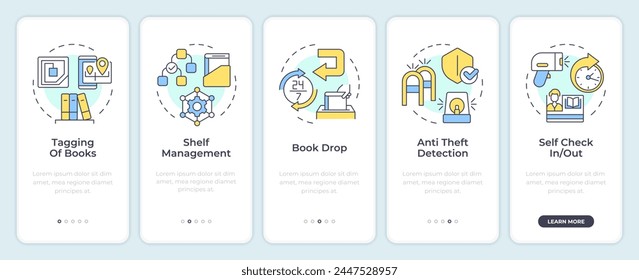 RFID book manage onboarding mobile app screen. Walkthrough 5 steps editable graphic instructions with linear concepts. UI, UX, GUI template. Montserrat Semibold, Regular fonts used