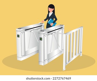 RFID card access turnstiles, Automatic checkpoint. Businesswoman entering an access control system with an RFID card