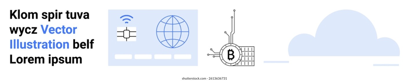 RFID card, globe hologram, blockchain symbol, cloud. Ideal for cybersecurity, blockchain, RFID technology, data protection, digital transactions, cloud computing, and network technology themes