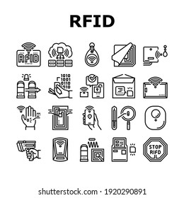 Rfid Chip Technology Collection Icons Set Vector. Security Card And Trinket, Development And Programming Rfid Radio Frequency Identification Black Contour Illustrations