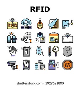 Rfid Chip Technology Collection Icons Set Vector. Security Card And Trinket, Development And Programming Rfid Radio Frequency Identification Concept Linear Pictograms. Contour Color Illustrations