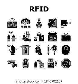 Rfid Chip Technology Collection Icons Set Vector. Security Card And Trinket, Development And Programming Rfid Radio Frequency Identification Glyph Pictograms Black Illustrations