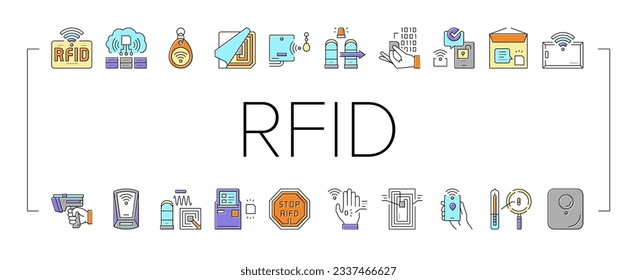 Symbole der Rfid Chip Technology Collection setzen Vektorgrafik. Sicherheitskarte und Trinket, Entwicklung und Programmierung von RFFID Funkfrequenzkennzeichnung Konzept Lineare Piktogramme. Farbtöne