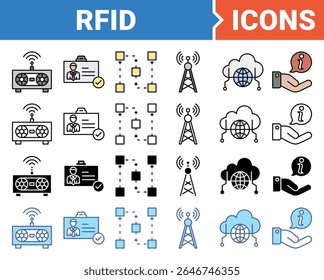 Conceito RFID para ícone de identificação por radiofrequência com coleção de vários estilos.
