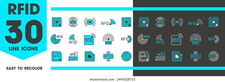 RFID-Icons von Hochfrequenz-Identifikation-Tags in der Digitaltechnik, Vektorgrafik-Line-Symbole. RFID-Icon von Identitätskennzeichen oder Trackingchip und Mikrochipetikett als Identifikation- und Datenleser