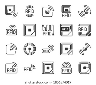 Rfid icons. Radio-frequency identification label, chip and antenna line. Wireless system tracking and control, vector symbols. Identification chip innovation, frequency digital electronic illustration