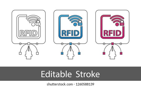 RFID Locked Symbol - Outline Styled Icon - Editable Stroke - Vector Illustration - Isolated On White Background