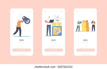 Plantilla De Pantalla De La Página De Aplicación Móvil De Rfid. Pequeños personajes utilizan la pista electromagnética de seguimiento de entrega en carga. Concepto técnico de etiqueta de identificación de frecuencia de radio. Ilustración de vectores de personas de caricatura