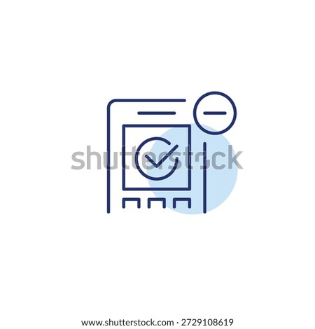 RFID payment terminal and minus. Transaction cancelled, card unavailable. Pixel perfect, editable stroke vector icon