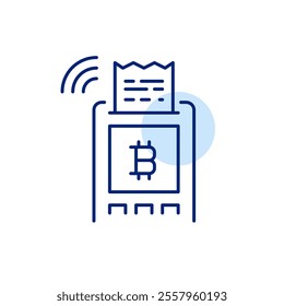 RFID payment terminal, receipt, bitcoin and wi-fi symbol. Cryptocurrency enabled payment. Pixel perfect, editable stroke icon
