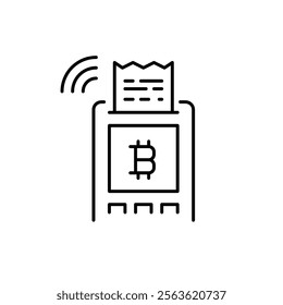 RFID payment terminal, receipt, bitcoin and wi-fi symbol. Cryptocurrency enabled payment. Pixel perfect vector icon