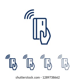 Ícone de linha vetorial de pagamento RFID. Mão segurando o cartão de débito de crédito. Pagamento sem contato do cartão de crédito.