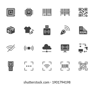 RFID, código qr, conjunto de iconos plano de código de barras. Escáner de etiquetas de precio, lector de etiquetas, identificación de microchip de silueta negra ilustración vectorial. Aplicación de seguridad minorista de signos simples de glifos.