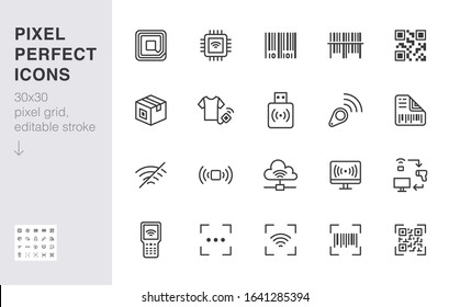 RFID, Qr Code, Barcode Line Icon Set. Price Tag Scanner, Label Reader, Identification Microchip Vector Illustration. Simple Outline Signs Retail Safety Application. 30x30 Pixel Perfect Editable Stroke