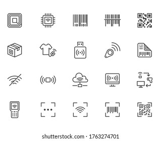 RFID, Qr Code, Barcode Line Icon Set. Price Tag Scanner, Label Reader, Identification Microchip Vector Illustration. Simple Outline Signs Retail Safety Application. Pixel Perfect Editable Stroke.