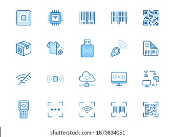 RFID, qr code, barcode line icon set. Price tag scanner, label reader, identification microchip vector illustration. Simple outline signs retail safety application. Blue color, Editable Stroke.