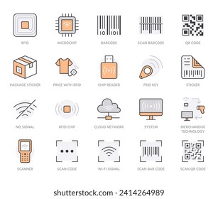 RFID, qr code, barcode line icon set. Price tag scanner, label reader, identification microchip vector illustration. Simple outline signs retail safety application. Orange Color. Editable Stroke