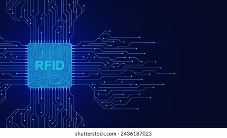 RFID-Funkfrequenz-Identifikationskonzept. Mikrochip mit elektronischer Platine für digitales Technologiekonzept. Vektorgrafik.