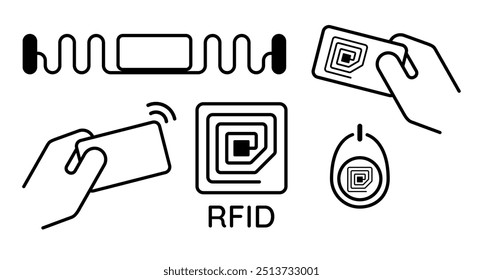 RFID radio frequency identification icon set collection outline black in white background hand holding card wireless ID antenna