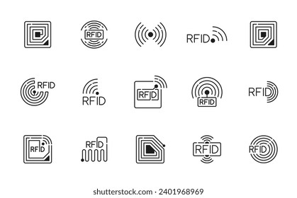 RFID. Radio frequency identification technology icons, wireless payment electromagnetic copper coil monochrome thin line symbols. Identification and tracking RFID system outline pictograms set