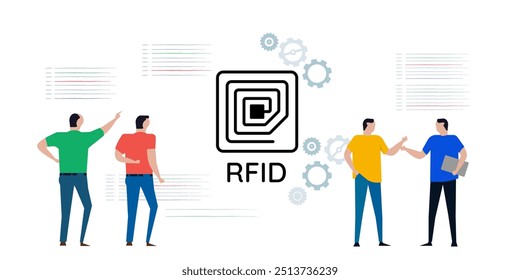 Identificação por radiofreqüência RFID símbolo de antena de identificação sem fio pessoas discutem o conceito da tecnologia