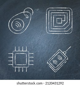 RFID-Tag und Mikrochip-Symbol auf der Tafel. Funkfrequenzkennzeichnung, elektronische Scanner-Symbole. Vektorgrafik.