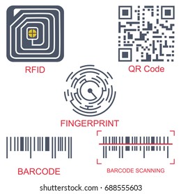 Rfid tag, qr code, fingerprint and barcode vector flat icon set isolated on a white background. Radio-frequency identification and scanning technology.