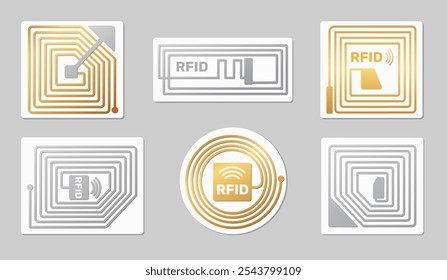 Etiquetas RFID. Autocolantes dourados e prateados para identificação por radiofrequência. Tecnologia sem fio. Privacidade ou chips de proteção. Identifique a estrutura do microchip. Acesso eletrônico vetorial