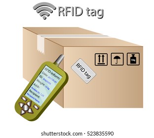 RFID tracking system. RFID technology. Reader radio frequency identification labels, parcel with a tag.