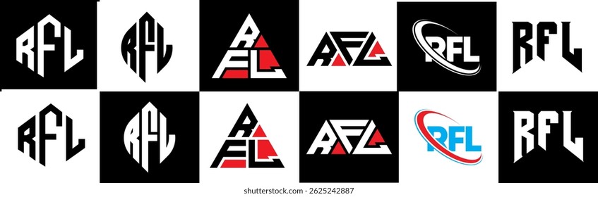 RFL letter logo design in six style. RFL polygon, circle, triangle, hexagon, flat and simple style with black and white color variation letter logo set in one artboard. RFL minimalist and classic logo