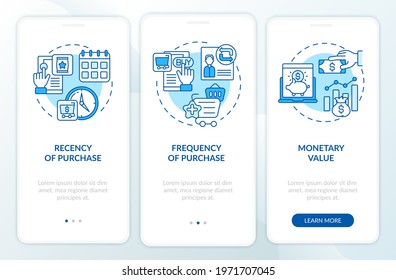 RFM model analytics onboarding mobile app page screen with concepts. Newness, frequency walkthrough 3 steps graphic instructions. UI, UX, GUI vector template with linear color illustrations