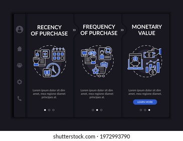 RFM model examination onboarding vector template. Responsive mobile website with icons. Web page walkthrough 3 step screens. Monetary value, frequency night mode concept with linear illustrations
