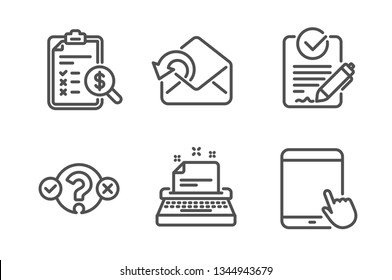 Rfp, Accounting report and Quiz test icons simple set. Send mail, Typewriter and Tablet pc signs. Request for proposal, Check finance. Education set. Line rfp icon. Editable stroke. Vector