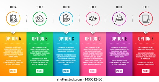 Rfp, Accounting report and Quiz test icons simple set. Send mail, Typewriter and Tablet pc signs. Request for proposal, Check finance. Education set. Infographic template. 6 steps timeline. Vector