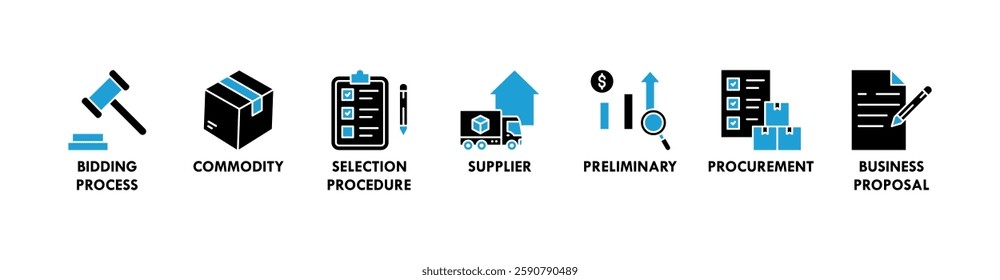 RFP banner web icon vector illustration concept of request for proposal with icons of bidding process, commodity, selection procedure, supplier, preliminary, procurement, and business proposal