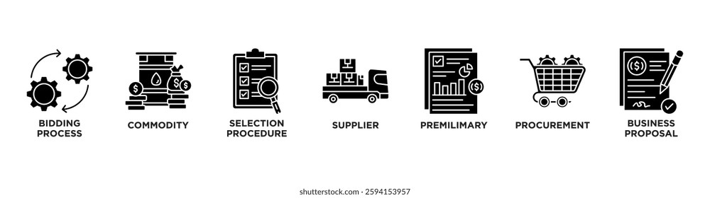 RFP banner web icon vector illustration concept of request for proposal with icon of bidding process, commodity, selection procedure, supplier, premilimary, procurement and business proposal
