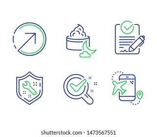 Rfp, Chemistry lab and Direction line icons set. Spanner, Night cream and Flight destination signs. Request for proposal, Lab research, Navigation pointer. Repair service. Vector