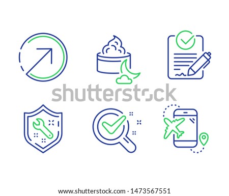 Rfp, Chemistry lab and Direction line icons set. Spanner, Night cream and Flight destination signs. Request for proposal, Lab research, Navigation pointer. Repair service. Vector