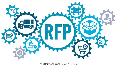 Concepto de RFP Web de Anuncio Sitio web de iconos Ilustración vectorial con iconos de proceso de licitación, mercancía, procedimiento de selección, proveedor, premilimary, compras, propuesta de negocio, sobre fondo blanco