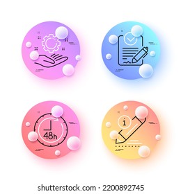 Rfp, Employee hand and Edit minimal line icons. 3d spheres or balls buttons. 48 hours icons. For web, application, printing. Request for proposal, Work gear, Drawing pencil. Delivery service. Vector