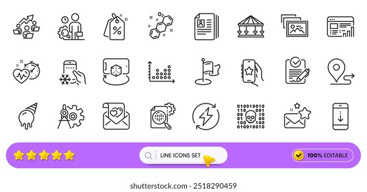 Rfp, Ice cream and Photo album line icons for web app. Pack of Love letter, Web report, Cogwheel dividers pictogram icons. Dot plot, Renewable power, Cv documents signs. Chemical formula. Vector