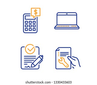 Rfp, Notebook And Calculator Icons Simple Set. Repair Document Sign. Request For Proposal, Laptop Computer, Money Management. Spanner Tool. Business Set. Linear Rfp Icon. Colorful Design Set. Vector