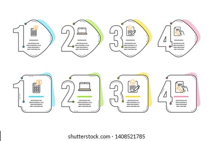 Rfp, Notebook and Calculator icons simple set. Repair document sign. Request for proposal, Laptop computer, Money management. Spanner tool. Business set. Infographic timeline. Line rfp icon. Vector