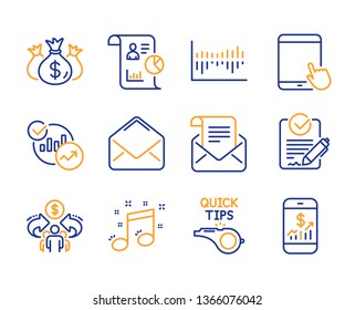 Rfp, Report and Statistics icons simple set. Mail newsletter, Tablet pc and Mail signs. Column diagram, Sharing economy and Musical note symbols. Line rfp icon. Colorful set. Editable stroke. Vector